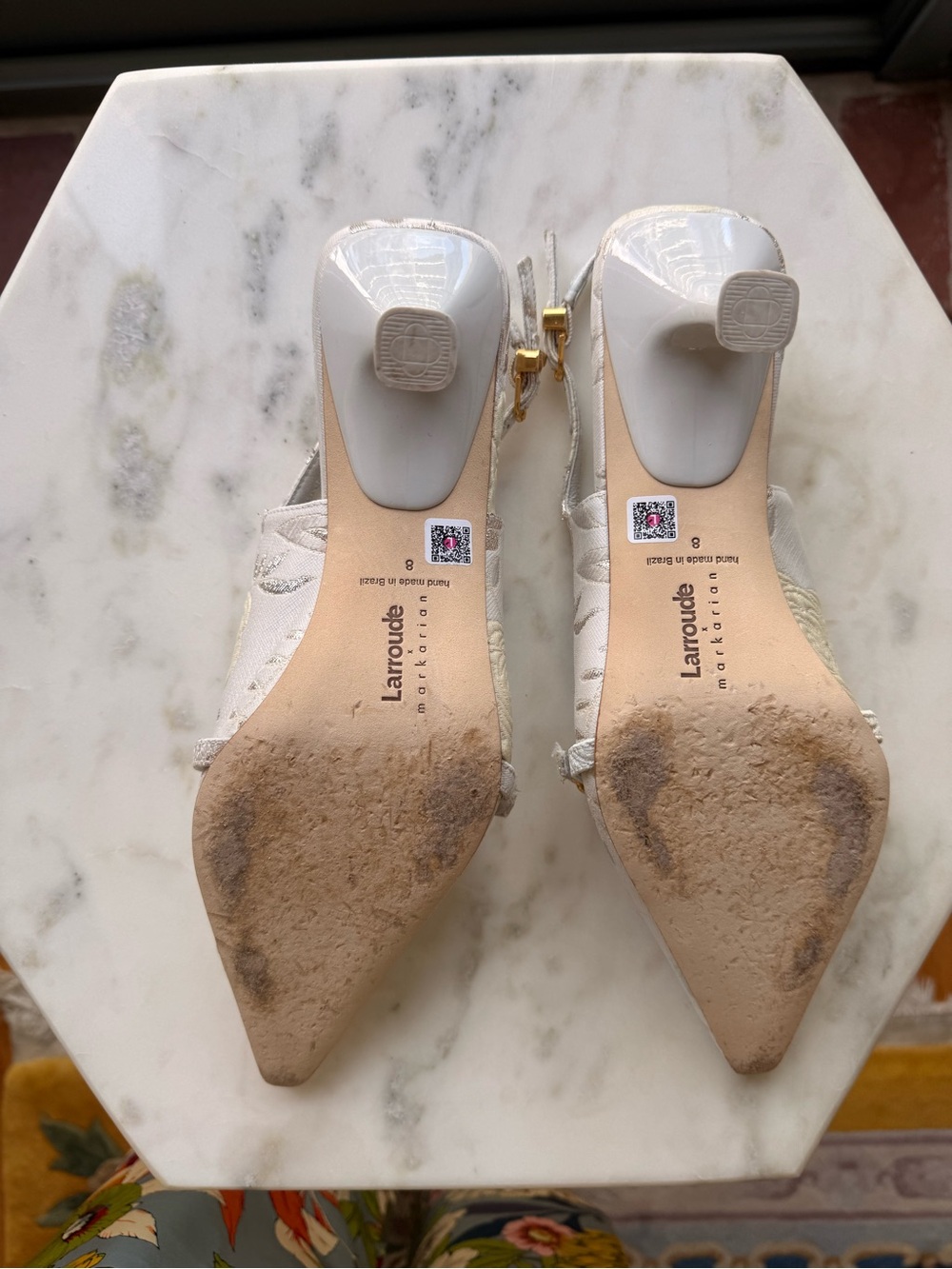 Larroude x Markarian White Embroidered Slingback Heels with Gold Buckles - Picture 3 of 4